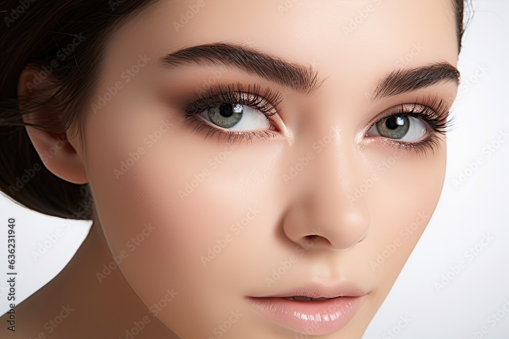 model in a white studio backdrop, skillfully applying eye lashes, eye lid, eyeliner, and mascara. Showcase the artistry of eye makeup. Generated with AI