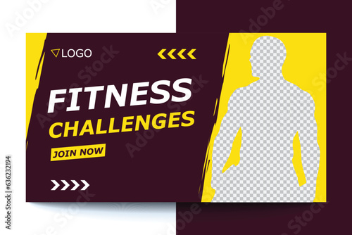 Editable Fitness gym and workout  video thumbnail and YouTube cover template, web banner vector concept, trendy design, modern look, fitness challenges