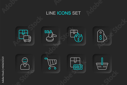 Set line Shopping basket, Sold, cart, Happy customer, Price tag with dollar, Hot price, Auction hammer and Delivery cargo truck icon. Vector