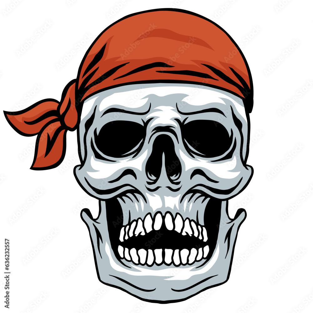 Scary skull head illustration wearing red bandana hand drawn vintage style