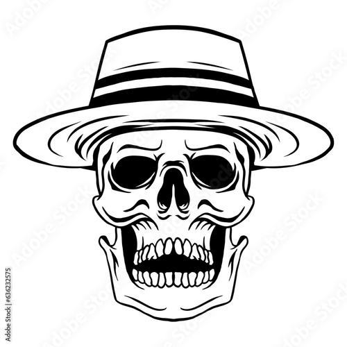 Skull wearing straw hat in black and white vintage style