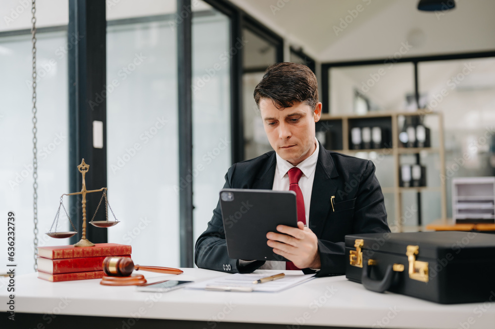 Mature man lawyer working and gavel, tablet, laptop in front, Advice justice and law concept. at office. Mature man lawyer working and gavel, tablet, laptop in front, Advice justice and law concept. at office.