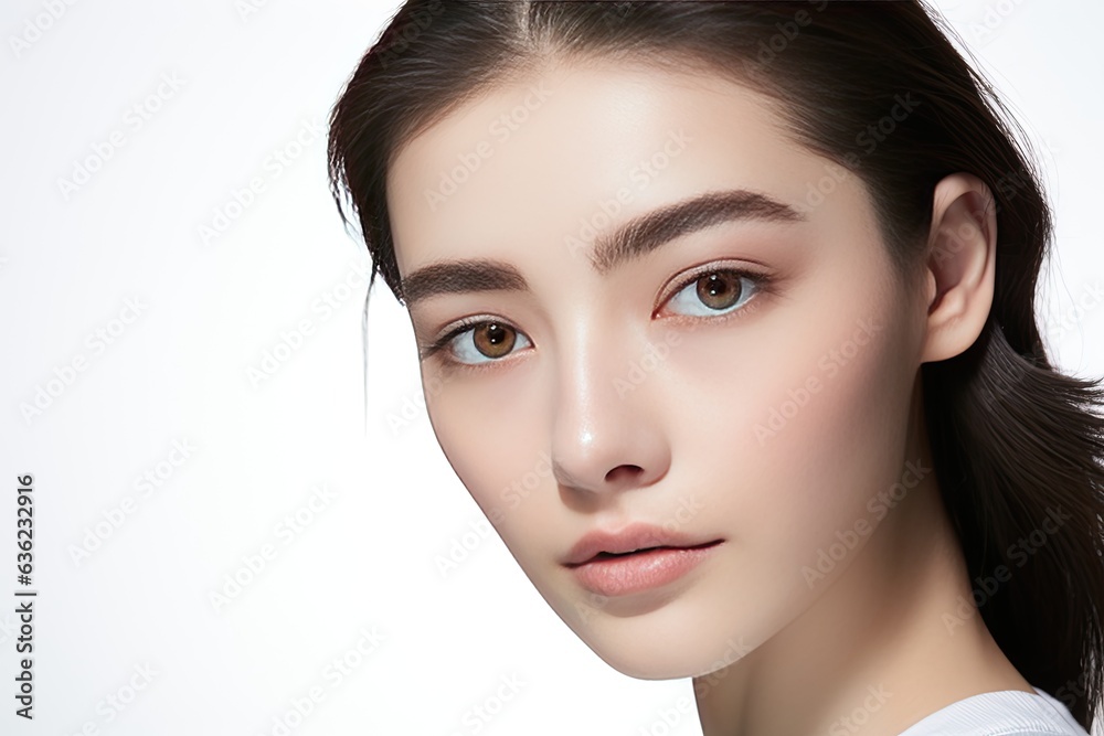 Obraz premium Beauty portrait of female face with natural clean skin with eyebrow brush. Generated with AI