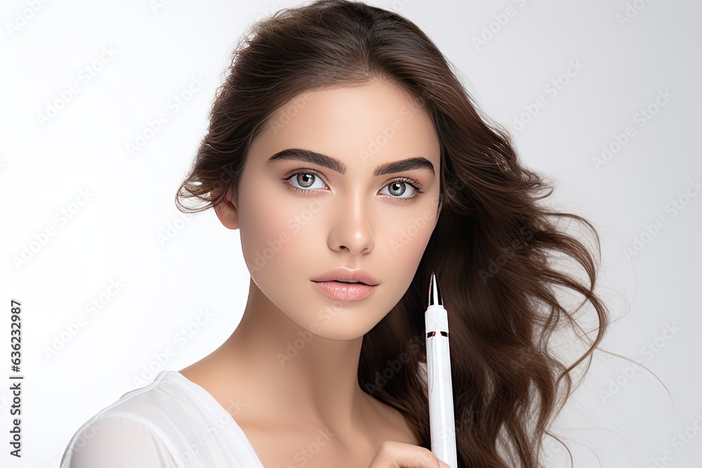 Beauty portrait of female face with natural clean skin with eyebrow brush. Generated with AI Beauty portrait of female face with natural clean skin with eyebrow brush. Generated with AI