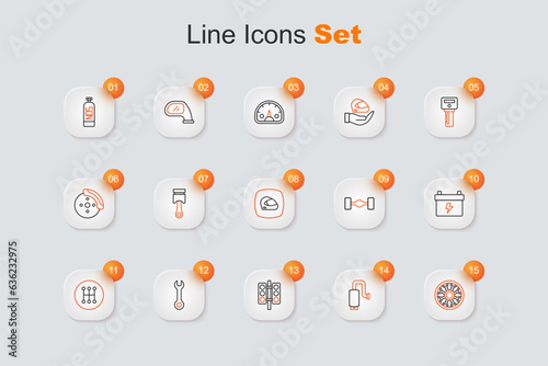 Set line Alloy wheel for car, Car muffler, Racing traffic light, Wrench spanner, Gear shifter, battery, Chassis and helmet icon. Vector