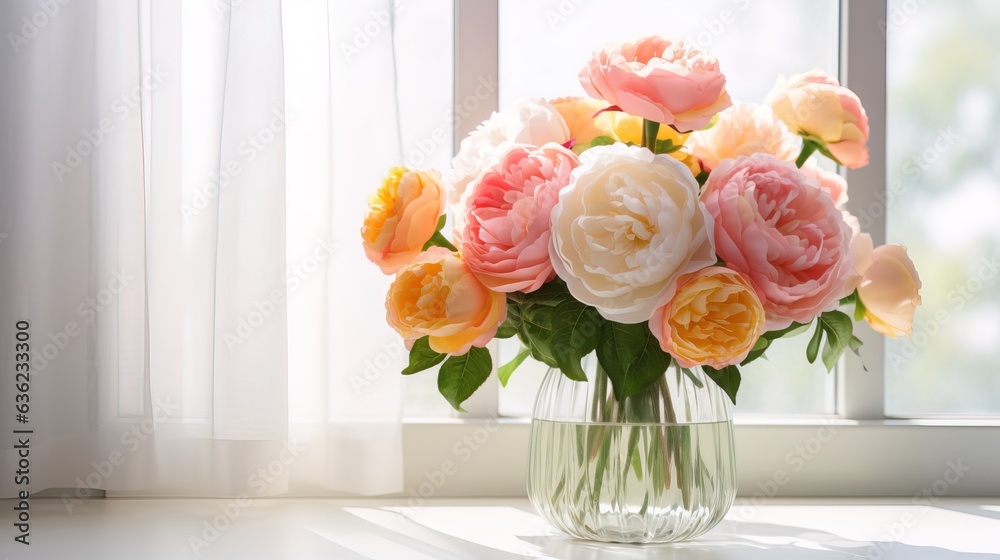 pink and white peonies flowers in a vase on the windowsill with sunbeams, with a white background in a room, product display presentation background or backdrop