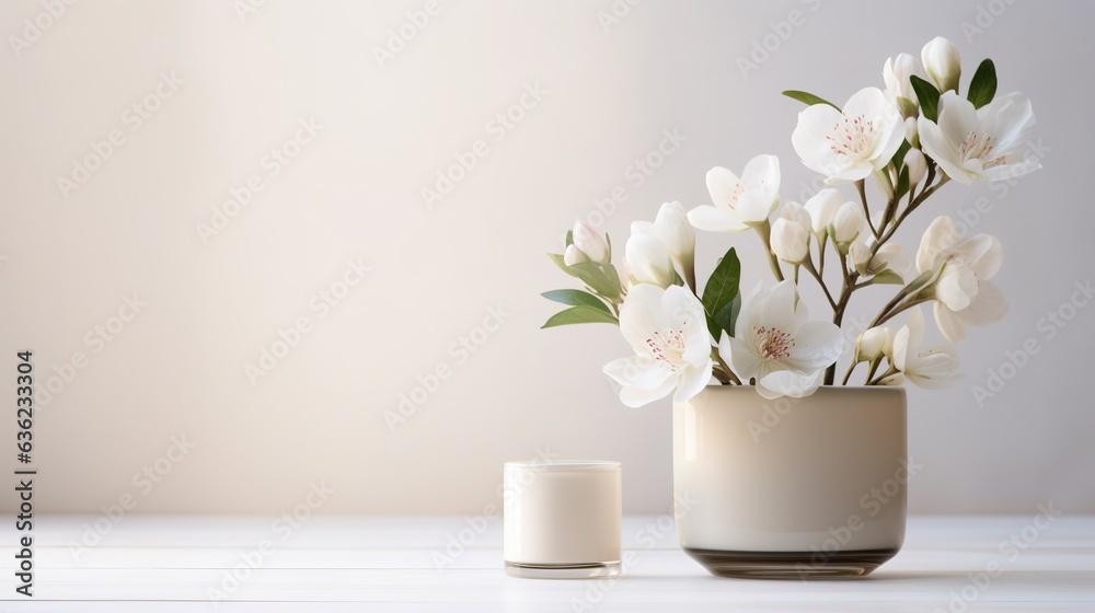 home interior with white flowers in a vase on a light background for product display