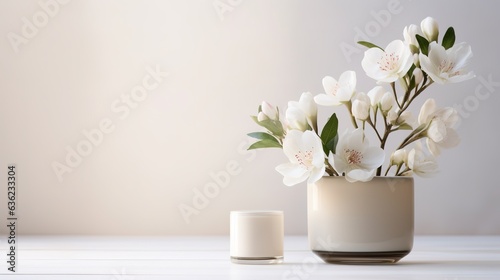home interior with white flowers in a vase on a light background for product display