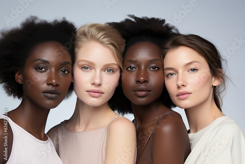 Photograph multiple models in a white studio backdrop, each showcasing unique cosmetics. Generated with AI