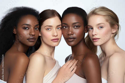 Photograph multiple models in a white studio backdrop, each showcasing unique cosmetics. Generated with AI