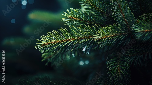 beautiful green pine tree brunch close up, christmas background