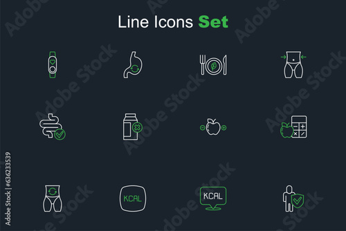 Set line Healthy lifestyle, Kcal, Metabolism, Calorie calculator, Lactose intolerance and Intestines icon. Vector