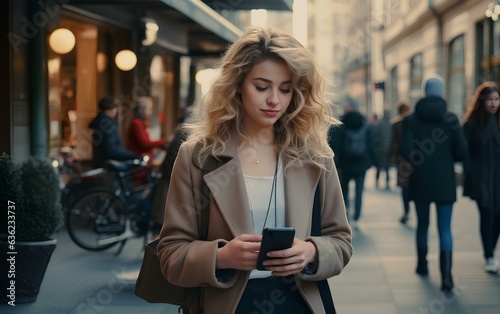 A young woman with a phone walking in a modern city, a photo of a pretty cute lady.