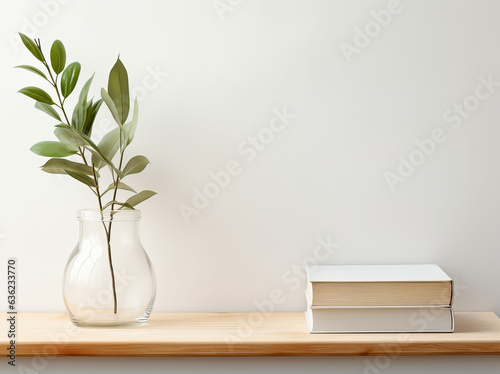A simplistic shelf against a plain white wall with clear glass vase containing green foliage next to stacked book with a white cover. Plenty of empty space on the wall for text or additional elements.