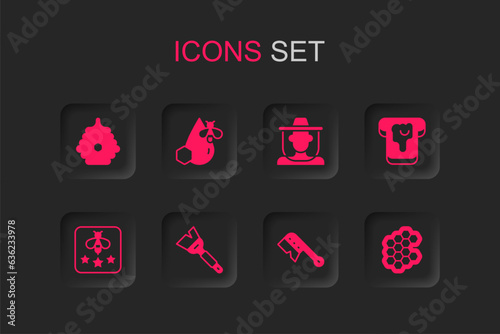 Set Beekeeping brush, and honeycomb, Hive for bees, Bread with, Honeycomb, Beekeeper protect hat and Type of icon. Vector