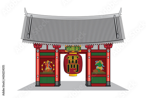 The famous entrance gate of Asakusa or senso ji temple Tokyo Japan with extra large lantern and Japanese text called kaminarimon meaning Thunder gate and drawing in colorful cartoon vector