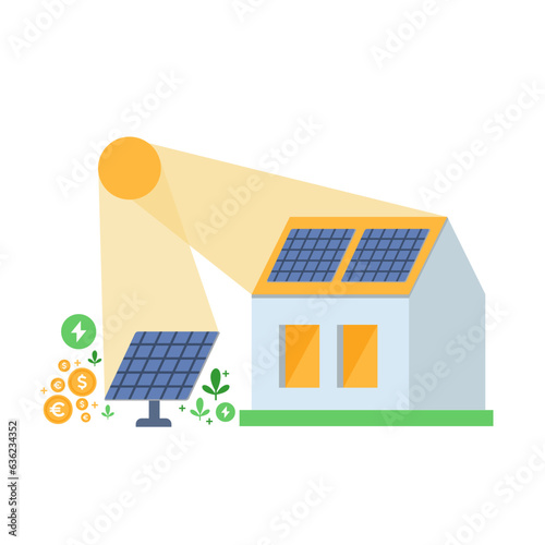 PV panels for saving money and environment concept. Renewable energy concept. Vector illustration isolated on white.