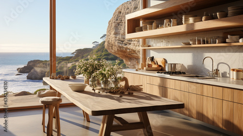 Kitchen interior background with beautiful nature view and warm lighting. Minimal style with a touch of natural material, textures of marble and wood in a relaxed atmosphere, lifestyle living concept