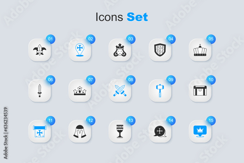 Set Crusade, King crown, Antique treasure chest, Fleur lys or lily flower and Crossed medieval sword icon. Vector