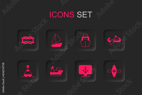 Set Cargo ship, Yacht sailboat, Nautical rope knots, Anchor, Kayak and paddle, and Floating buoy icon. Vector