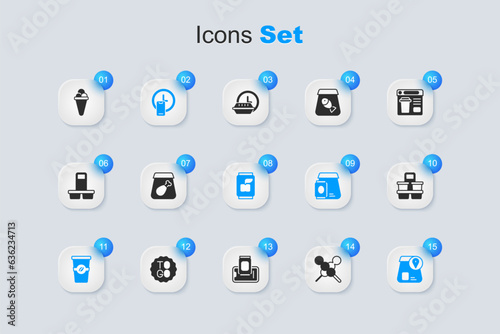 Set Meatballs on wooden stick, Online ordering meal, Round the clock delivery, Coffee cup to go, food, Ice cream waffle and Soda can icon. Vector