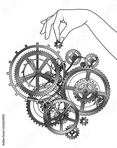 Female hand holding a gear in the fingers and gear wheels of clockwork. Drawn sketch of gears mechanism. Vintage engraving stylized drawing. Vector illustration