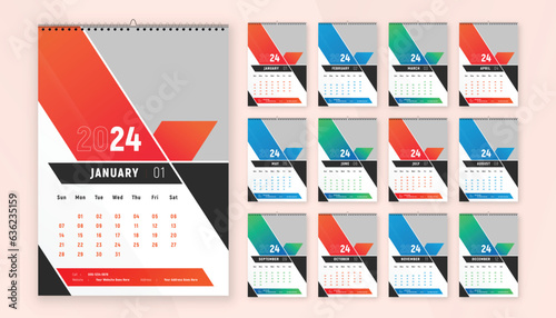 Monthly calendar template design for 2024 year. Week Starts on Sunday. Wall calendar in a modern style.