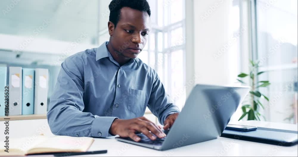 Laptop, internet and black man doing research in the office for a corporate legal project. Technology, serious and African male attorney working on business law case with a computer in the workplace. Laptop, internet and black man doing research in the office for a corporate legal project. Technology, serious and African male attorney working on business law case with a computer in the workplace.