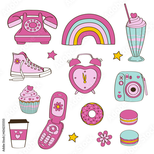 set of isolated girl stickers, telephone, camera, sweets