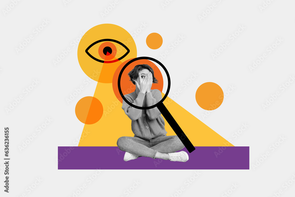 Composite photo collage of large eye look at young beautiful scared ...