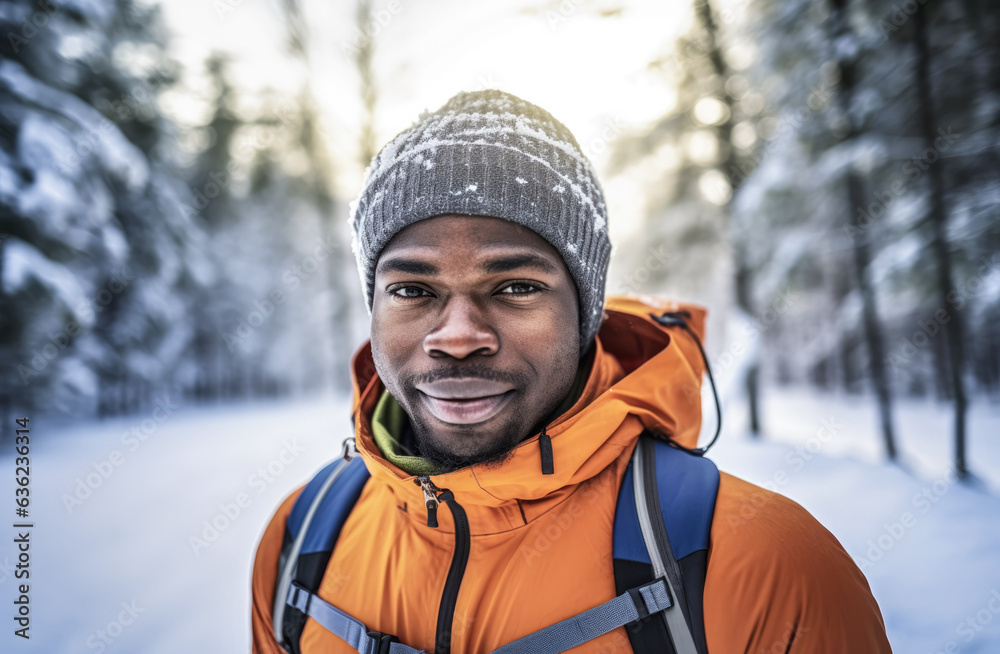 African American man in warm clothes with blurred snow covered landscape background. Winter hiker or cross country skier. Generative AI African American man in warm clothes with blurred snow covered landscape background. Winter hiker or cross country skier. Generative AI