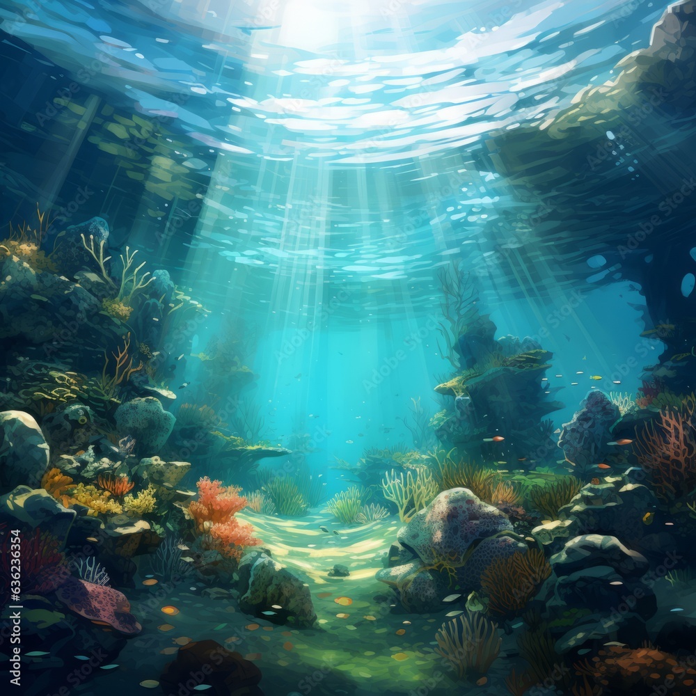 serene underwater scene with stones, seaweeds, fishes, Generative AI
