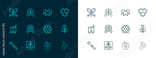 Set line Honeycomb, Type of bee, Jar honey and dipper stick, award, Hive for bees, and Best icon. Vector