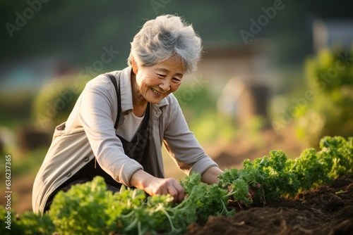 Elder korean woman cultivating in farm with morning light