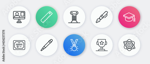 Set line Medal, Graduation cap, Certificate template, Award cup, Fountain pen nib, Law pillar, Atom and Pencil with eraser icon. Vector