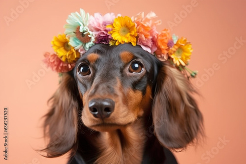 Dachshund dog with flower crown on head on pastel background