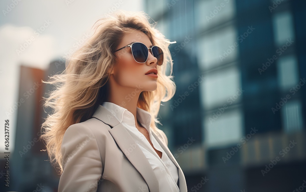A young businesswoman with glasses walks through a modern sunny city, a photo of a pretty lady. A young businesswoman with glasses walks through a modern sunny city, a photo of a pretty lady.