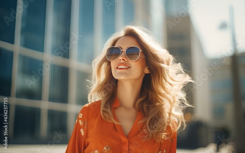 A young businesswoman with glasses walks through a modern sunny city, a photo of a pretty lady.