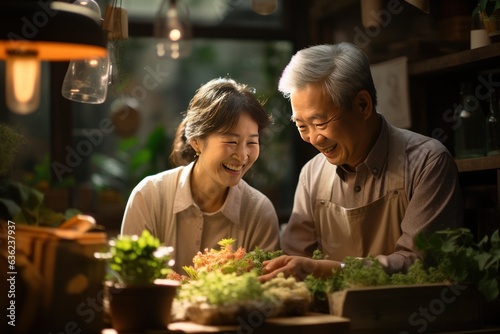 Couple Elder old man and woman cultivating in farm with morning light