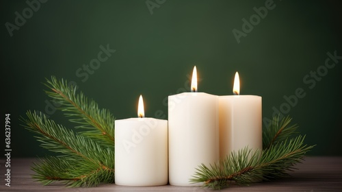 Ikebana Candles and a spruce branch. Christmas decorations created with Generative AI technology