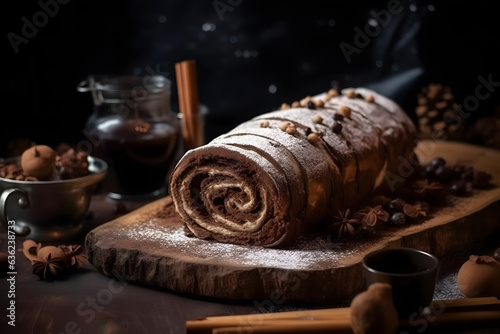 yule log cake, log-shaped festive dessert with cream filling
