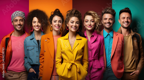 Portrait of a group of smiling young people over colorful background.