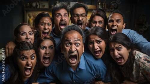 Photographie Angry shout group of indian people with open mouth looking at camera