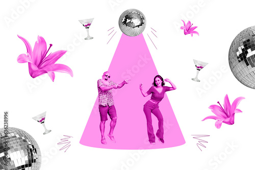 Picture collage image banner of happy positive people have fun dancing night karaoke club isolated on painted background