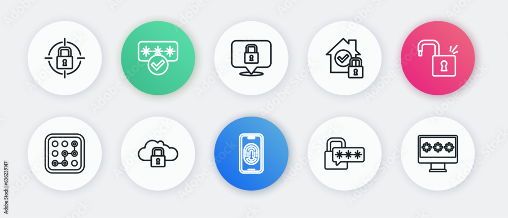 Set line Mobile with fingerprint scanner, Open padlock, Graphic password protection, Cyber security, House under, Lock, Monitor and Cloud computing icon. Vector Set line Mobile with fingerprint scanner, Open padlock, Graphic password protection, Cyber security, House under, Lock, Monitor and Cloud computing icon. Vector