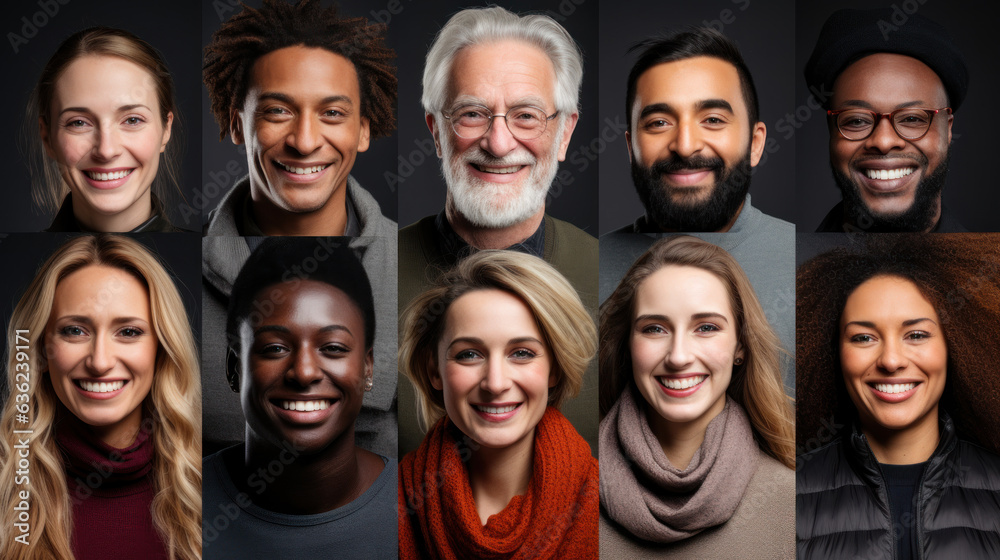 Portraits collage of happy multiethnic people smiling and looking at camera. Portraits collage of happy multiethnic people smiling and looking at camera.