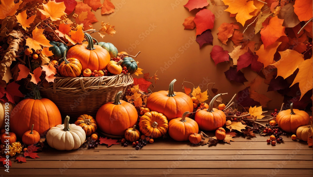 Illustration of a Halloween Holiday Theme with Fresh Pumpkins and Autumn Leaves on Vintage Wood Background. Autumn Holiday Design Template for Greeting Card, Flyer, Banner, Poster or Party Invitation.