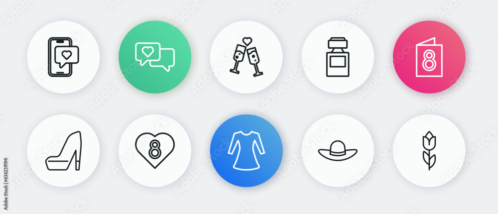Set line Woman dress, Greeting card with 8 March, shoe, Elegant women hat, Perfume, Glass of champagne, Flower tulip and Heart icon. Vector Set line Woman dress, Greeting card with 8 March, shoe, Elegant women hat, Perfume, Glass of champagne, Flower tulip and Heart icon. Vector