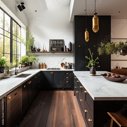 Open-concept luxury kitchen with black cabinetry with gold accents. Large kitchen island with additional seating and pendant lighting.