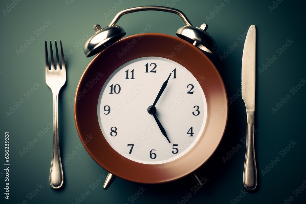 Alarm clock on a plate. The concept of proper regular nutrition. Background with selective focus and copy space Alarm clock on a plate. The concept of proper regular nutrition. Background with selective focus and copy space